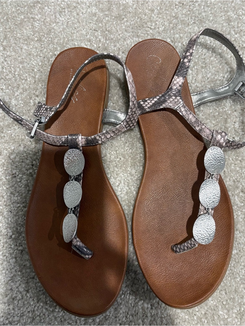 Carlos by Carlos Santana Brown Snake-Print T-Strap Sandals with Silver Discs